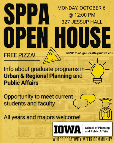Flyer with information about the School of Planning and Public Affairs open house on Oct. 6, 2025