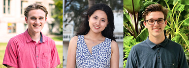 Headshots of graduate students Seth Dickinson, Yiru Wang, and Eric Woolsey.